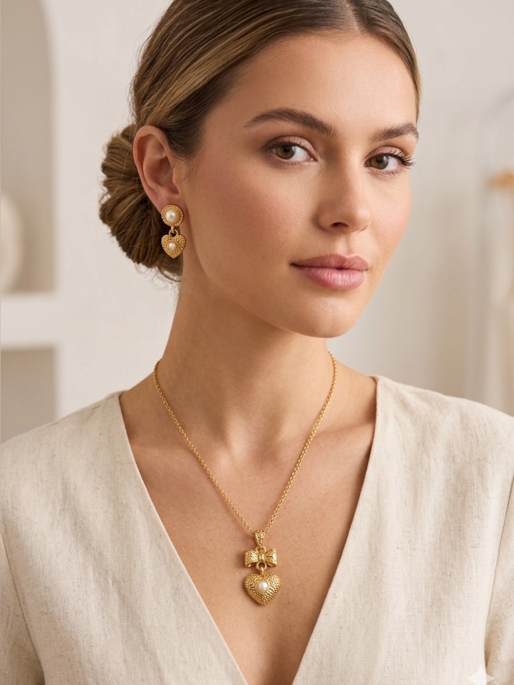 Vintage Gold-Tone Heart Drop Pendant Necklace and Pearl Heart Earrings Set